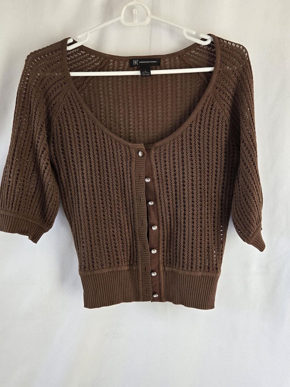 INC International Concepts Brown Open-Knit Short Sleeve Cardigan